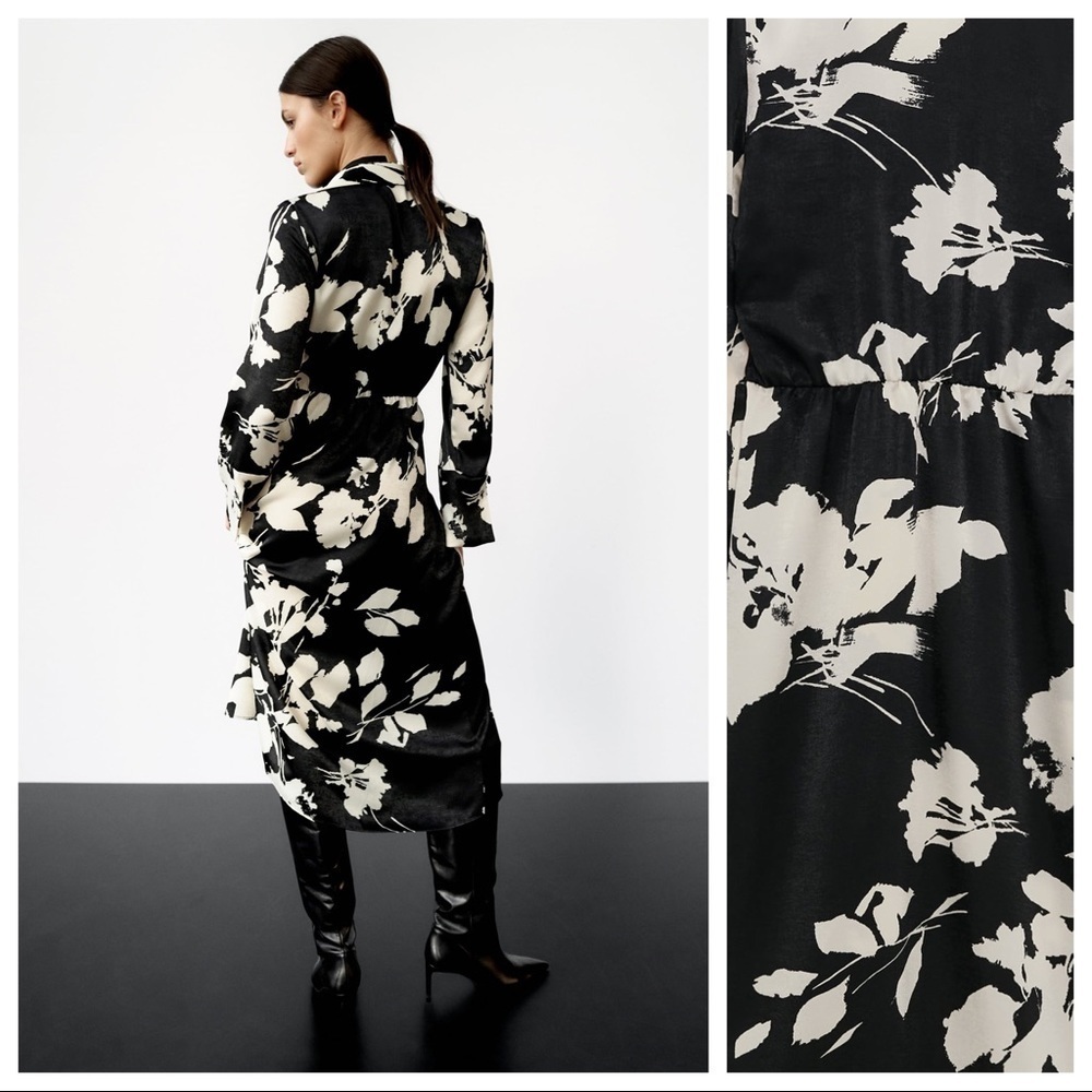 NWT. Zara Black/Cream Satin Effect Floral Print Midi Dress. Size S. - Picture 2 of 11